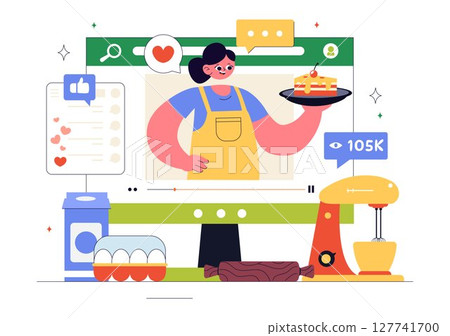 Cooking Blog Vector Illustration Featuring Young People Recording a Cooking Vlog and Preparing Food at Home in a Flat Style Cartoon Background 127741700