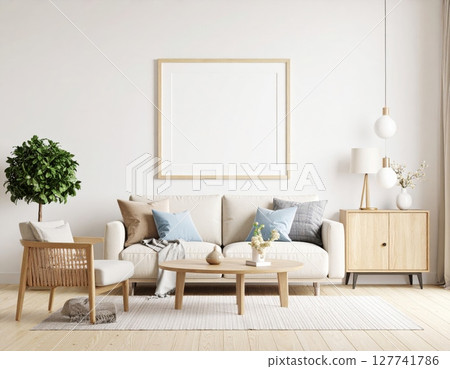 Modern home interior design with wooden floor, luxury furniture, and stylish living room decor 127741786