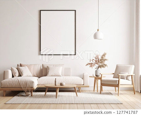 Modern home interior design with wooden floor, luxury furniture, and stylish living room decor 127741787