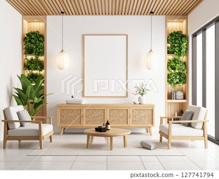 Modern minimalist bathroom interior with a luxurious bathtub, sleek glass shower, and elegant design 127741794