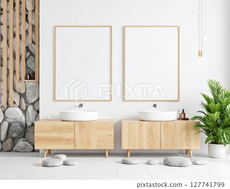 Modern minimalist bathroom interior with a luxurious bathtub, sleek glass shower, and elegant design 127741799
