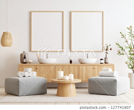 Modern minimalist bathroom interior with a luxurious bathtub, sleek glass shower, and elegant design Modern minimalist bathroom interior with a luxurious bathtub, sleek glass shower, and elegant design 127741807