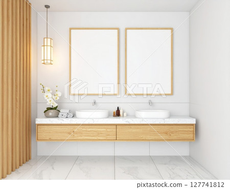 Modern minimalist bathroom interior with a luxurious bathtub, sleek glass shower, and elegant design 127741812