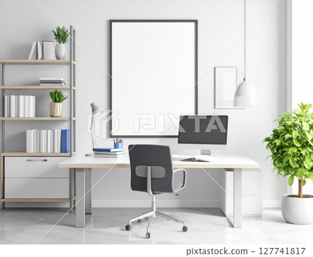 Modern contemporary home interior with comfortable sofa and office desk with chair Modern contemporary home interior with comfortable sofa and office desk with chair 127741817