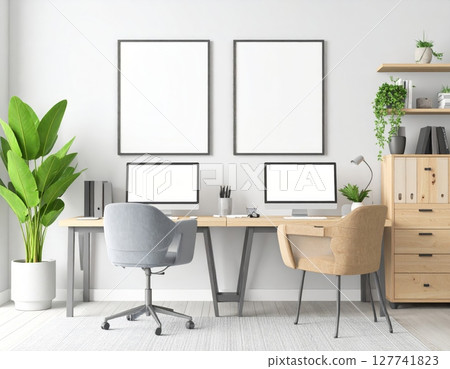 Modern contemporary home interior with comfortable sofa and office desk with chair Modern contemporary home interior with comfortable sofa and office desk with chair 127741823