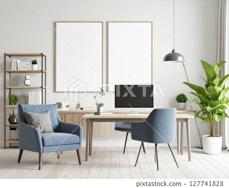 Modern contemporary home interior with comfortable sofa and office desk with chair 127741828