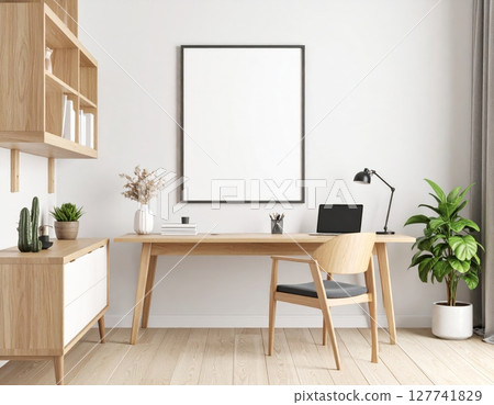 Modern contemporary home interior with comfortable sofa and office desk with chair 127741829