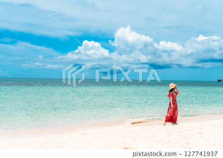 一位身穿洋裝的年輕女子在熱帶海灘的水邊散步 127741937