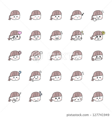 Cute and relaxed facial expression icon set for girls (24 types in total) / Emotional expression / Material for childcare and education Cute and relaxed facial expression icon set for girls (24 types in total) / Emotional expression / Material for childcare and education 127741949