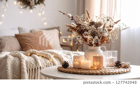 Christmas holiday table decoration with flowers, candles, and festive living room decor Christmas holiday table decoration with flowers, candles, and festive living room decor 127742048