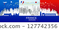 Travel landmark anniversary France day with silhouette architecture background. 127742356