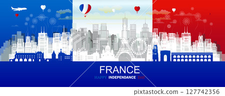 Travel landmark anniversary France day with silhouette architecture background. 127742356