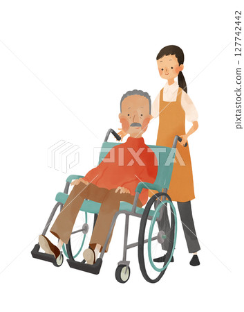 坐在輪椅上的老人和他的護理人員 127742442