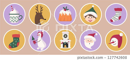 Festive Christmas Stickers: Santa, Snowman and Cake 127742608
