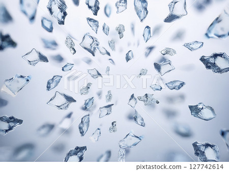 Small ice cubes flying vigorously on a white background 127742614