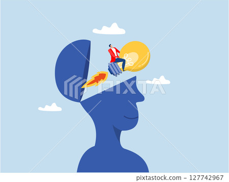 Creative new idea,Businessman or leader with light bulb rocket booster, Creative new idea, innovation start up business or inspiration to achieve success goal concept 127742967