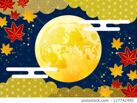 圖案化的秋葉和滿月，賞月背景，橫向，插圖，可愛 127742995
