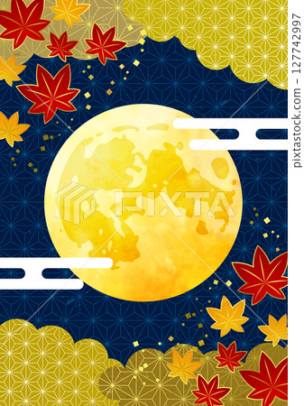 Patterned autumn leaves and full moon, full moon viewing background, vertical, illustration, cute 127742997