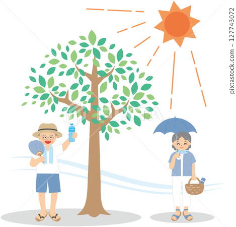 Elderly men and women taking measures against heat stroke Elderly men and women taking measures against heat stroke 127743072