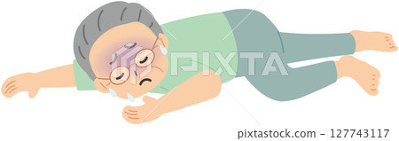 An elderly man with glasses collapses in pain 127743117
