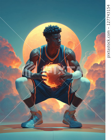 A basketball player in a powerful stance, holding a glowing basketball surrounded by flames, with a dramatic red moon in the background. Motivational concept for basketball enthusiasts. A basketball player in a powerful stance, holding a glowing basketball surrounded by flames, with a dramatic red moon in the background. Motivational concept for basketball enthusiasts. 127743154