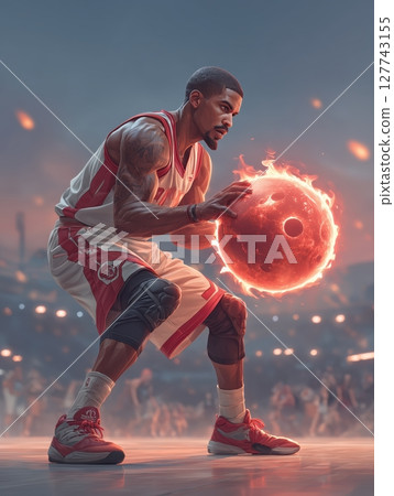 A basketball player in a powerful stance, holding a glowing basketball surrounded by flames, with a dramatic red moon in the background. Motivational concept for basketball enthusiasts. A basketball player in a powerful stance, holding a glowing basketball surrounded by flames, with a dramatic red moon in the background. Motivational concept for basketball enthusiasts. 127743155