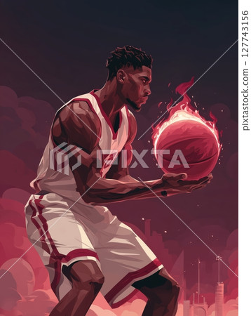 A basketball player in a powerful stance, holding a glowing basketball surrounded by flames, with a dramatic red moon in the background. Motivational concept for basketball enthusiasts. A basketball player in a powerful stance, holding a glowing basketball surrounded by flames, with a dramatic red moon in the background. Motivational concept for basketball enthusiasts. 127743156