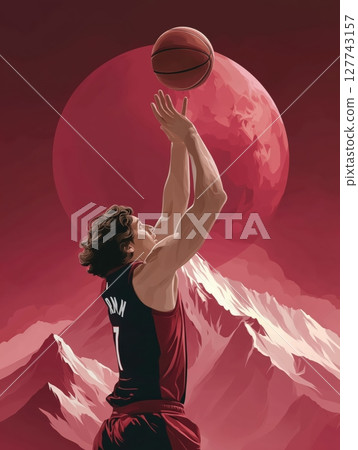A basketball player in a powerful stance, holding a glowing basketball surrounded by flames, with a dramatic red moon in the background. Motivational concept for basketball enthusiasts. A basketball player in a powerful stance, holding a glowing basketball surrounded by flames, with a dramatic red moon in the background. Motivational concept for basketball enthusiasts. 127743157