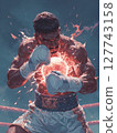 A boxer in full gear, fists raised and ready to punch, with a focused expression under the intense lights of the ring. Motivational concept for boxing enthusiasts. 127743158