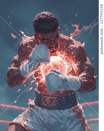 A boxer in full gear, fists raised and ready to punch, with a focused expression under the intense lights of the ring. Motivational concept for boxing enthusiasts. A boxer in full gear, fists raised and ready to punch, with a focused expression under the intense lights of the ring. Motivational concept for boxing enthusiasts. 127743158