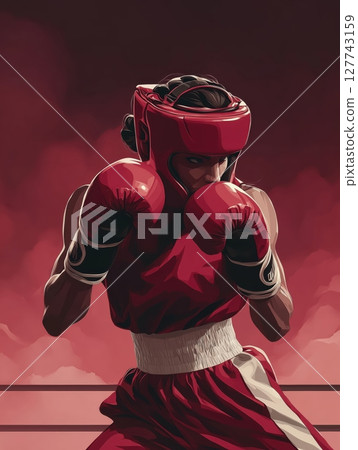 A boxer in full gear, fists raised and ready to punch, with a focused expression under the intense lights of the ring. Motivational concept for boxing enthusiasts. A boxer in full gear, fists raised and ready to punch, with a focused expression under the intense lights of the ring. Motivational concept for boxing enthusiasts. 127743159