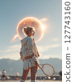 A female tennis player in her athletic outfit, focused on the red moon above as she prepares for a serve, with a clear blue sky and a tennis court in the background. Motivational concept for tennis 127743160