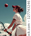 A female tennis player in her athletic outfit, focused on the red moon above as she prepares for a serve, with a clear blue sky and a tennis court in the background. Motivational concept for tennis 127743246