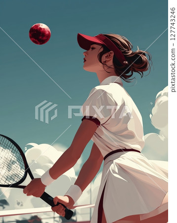 A female tennis player in her athletic outfit, focused on the red moon above as she prepares for a serve, with a clear blue sky and a tennis court in the background. Motivational concept for tennis A female tennis player in her athletic outfit, focused on the red moon above as she prepares for a serve, with a clear blue sky and a tennis court in the background. Motivational concept for tennis 127743246