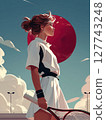 A female tennis player in her athletic outfit, focused on the red moon above as she prepares for a serve, with a clear blue sky and a tennis court in the background. Motivational concept for tennis 127743248
