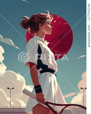A female tennis player in her athletic outfit, focused on the red moon above as she prepares for a serve, with a clear blue sky and a tennis court in the background. Motivational concept for tennis A female tennis player in her athletic outfit, focused on the red moon above as she prepares for a serve, with a clear blue sky and a tennis court in the background. Motivational concept for tennis 127743248