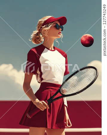 A female tennis player in her athletic outfit, focused on the red moon above as she prepares for a serve, with a clear blue sky and a tennis court in the background. Motivational concept for tennis A female tennis player in her athletic outfit, focused on the red moon above as she prepares for a serve, with a clear blue sky and a tennis court in the background. Motivational concept for tennis 127743249