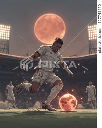 A football player in full athletic gear, poised to kick the ball with explosive power, under the bright stadium lights. Motivational concept for football lovers. A football player in full athletic gear, poised to kick the ball with explosive power, under the bright stadium lights. Motivational concept for football lovers. 127743250