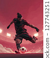 A football player in full athletic gear, poised to kick the ball with explosive power, under the bright stadium lights. Motivational concept for football lovers. 127743251
