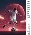 A football player in full athletic gear, poised to kick the ball with explosive power, under the bright stadium lights. Motivational concept for football lovers. 127743253