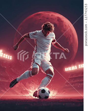 A football player in full athletic gear, poised to kick the ball with explosive power, under the bright stadium lights. Motivational concept for football lovers. A football player in full athletic gear, poised to kick the ball with explosive power, under the bright stadium lights. Motivational concept for football lovers. 127743253