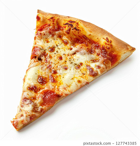 A perfect slice of pepperoni pizza, featuring melted mozzarella cheese and rich tomato sauce on a golden crust, isolated on a white background 127743385