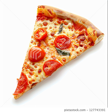 Delicious slice of pizza, featuring melted cheese and rich tomato sauce on a golden crust, isolated on a white background 127743391