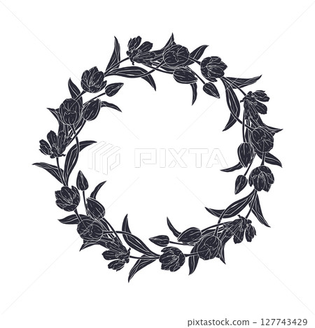 Black silhouette tulip flowers wreath isolated on white background 127743429