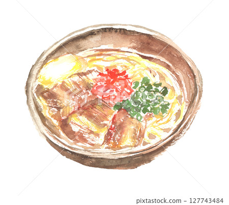 Watercolor illustration of Okinawa's Soki soba - local cuisine Watercolor illustration of Okinawa's Soki soba - local cuisine 127743484
