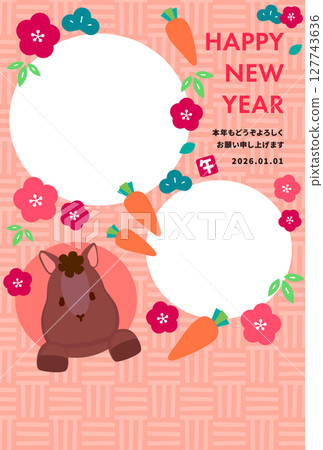 Colorful 2026 Year of the Horse photo New Year's card with a cute horse peeking out of the window Orange background 127743636