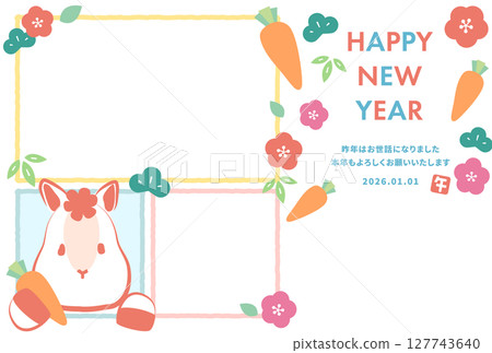 2026 年馬年新年賀卡，色彩鮮豔，白色背景上有一匹可愛的白馬從窗外探出頭來 127743640