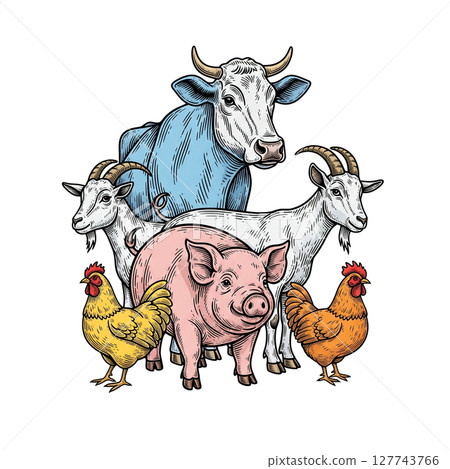 Diverse farm animal group: cow, goats, pig, chickens, representing agriculture. 127743766