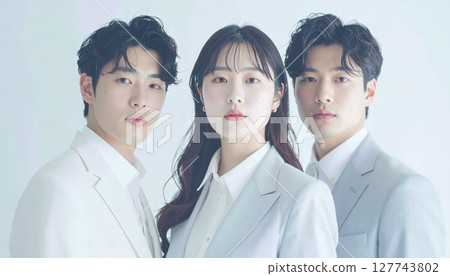 A simple composition of young men and women standing side by side and looking at the camera 127743802