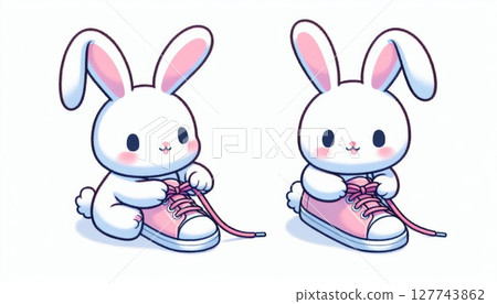 Cute White Bunny Tying Pink Shoelaces Illustration 127743862